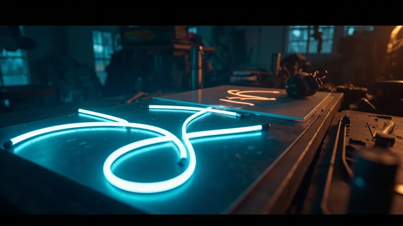 Atölye tezgâhında mavi neon harfler üretilirken